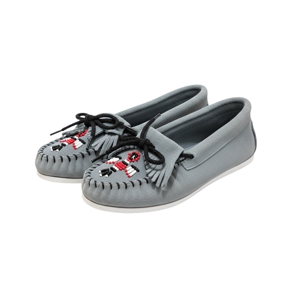Minnetonka 6.5 Blue-Gray Suede Classic Beaded Thunderbird Moccasin Loafers